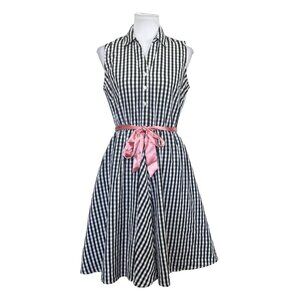 Larry Levine Black/White Gingham Sleeveless Collared Belted Dress Medium retro
